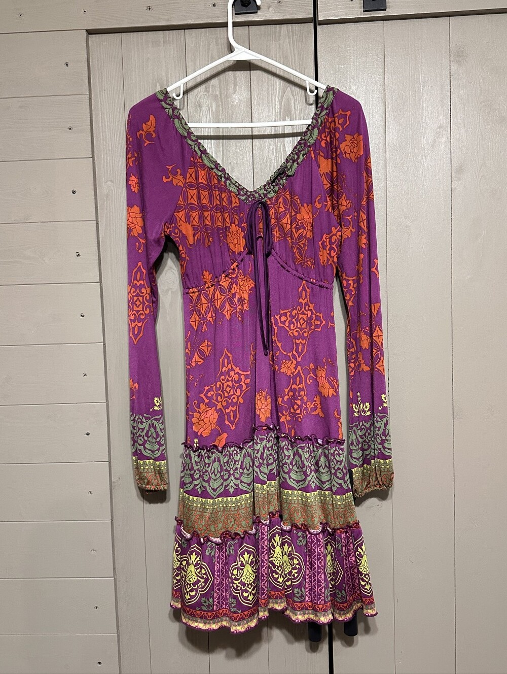 Hale Bob Boho V-Neck Long Sleeve Purple & Orange Dress Size Sm 100% Silk